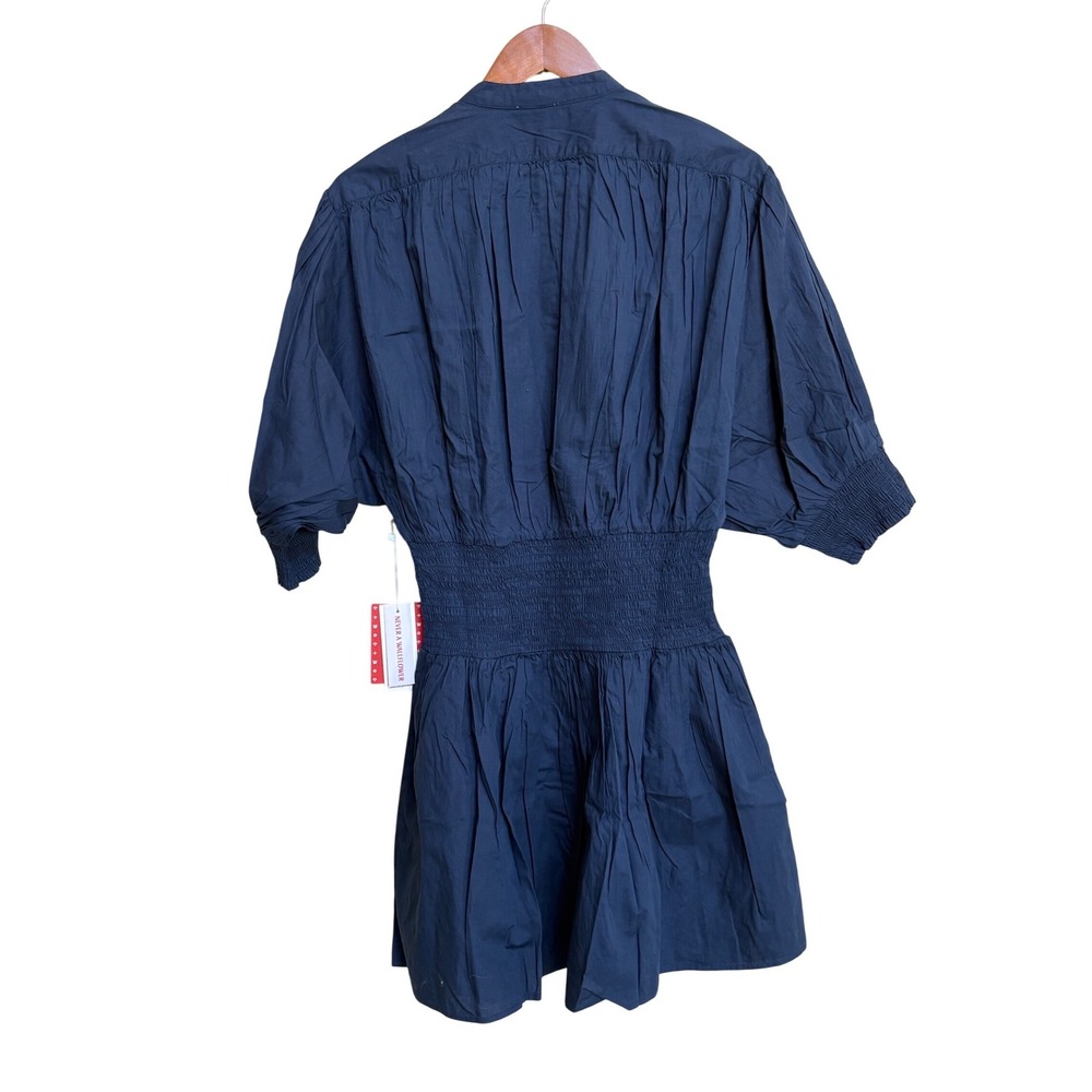 NWT Never A Wallflower Navy Blue Cotton Smocked Waist Puff Sleeve Dress L - Picture 3 of 8